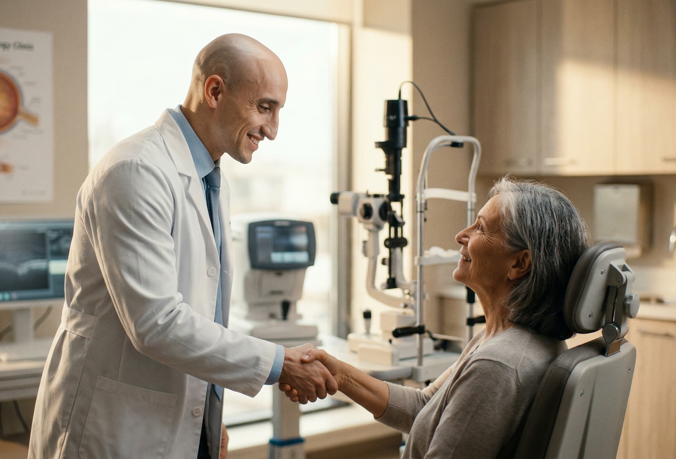 Dr. Roman Krivochenitser, co-founder of OphthoFlow AI, greeting a patient in his ophthalmology exam room