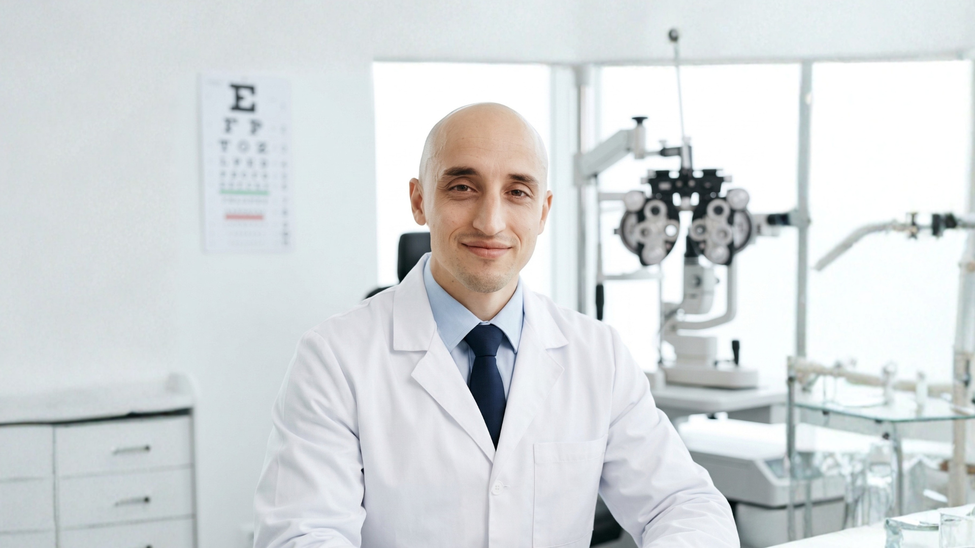 Dr. Roman Krivochenitser, co-founder of OphthoFlow AI, in his ophthalmology clinic